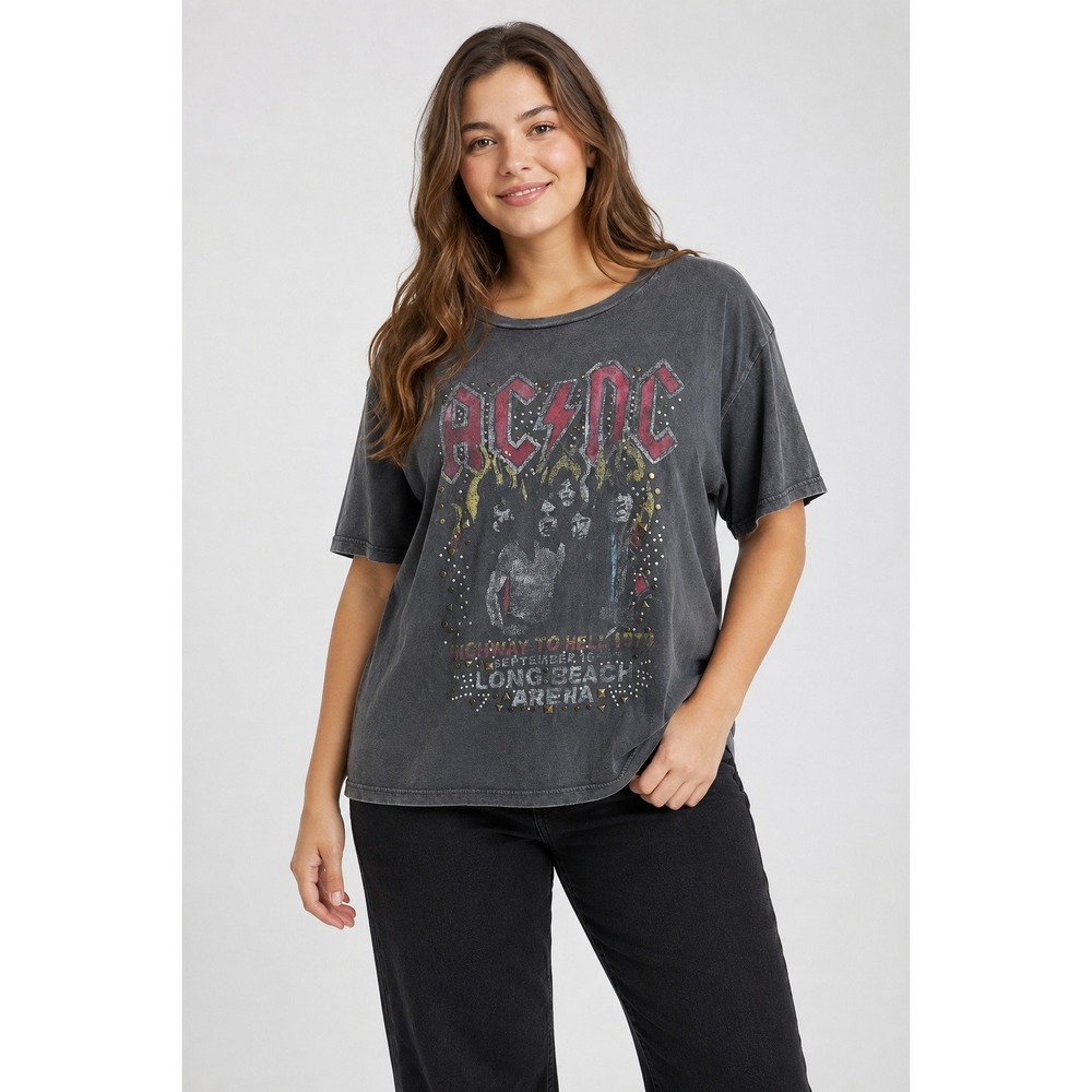 AC/DC Lucky Brand Highway To Hell Tour Graphic Tee XL Gray Studded Rock Band